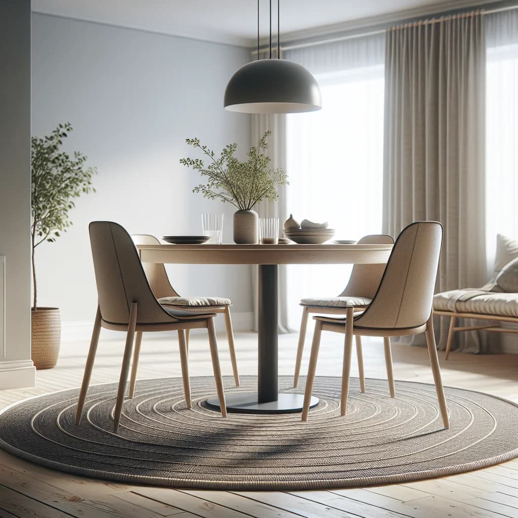 Utdragen stol på rund matta under matbord visar rätt marginal för bekväm placering