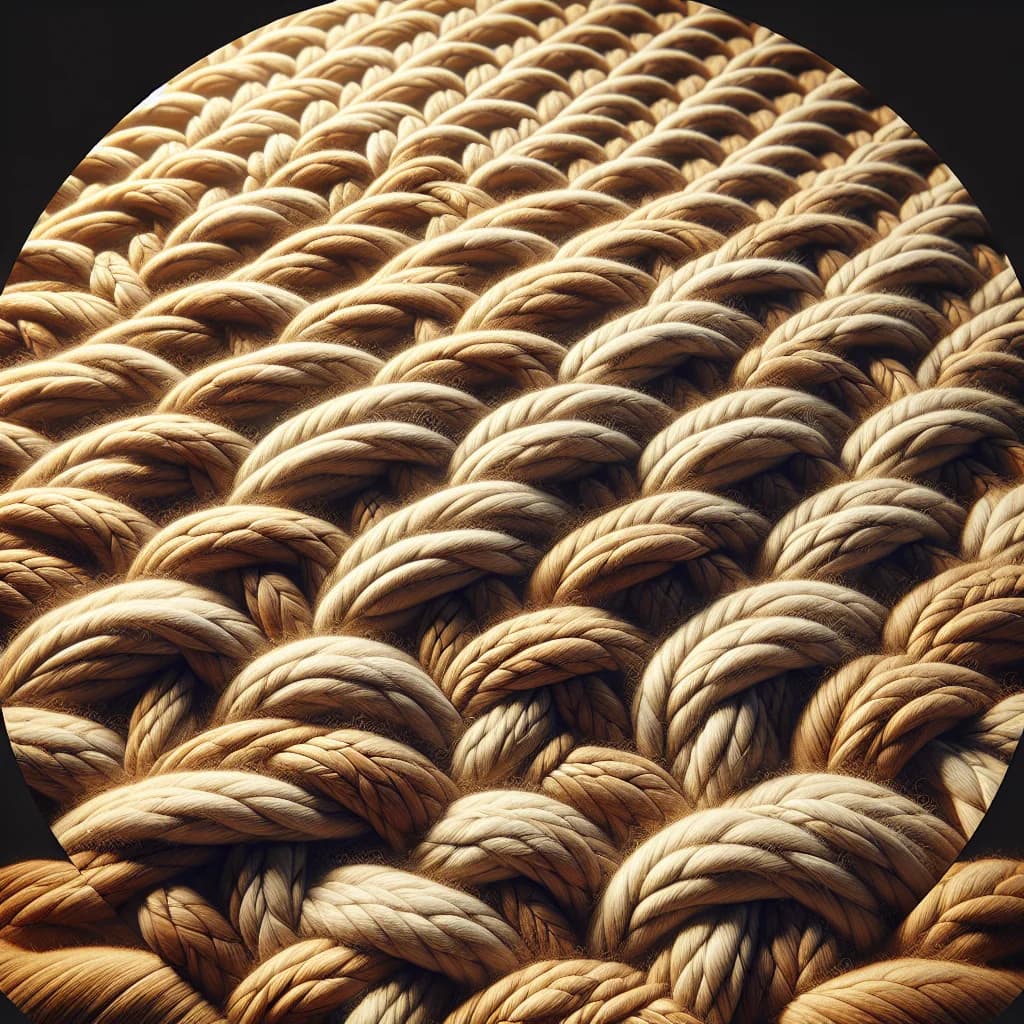 Närbild på flätade jutefibrer i rund jutematta med tydlig textur