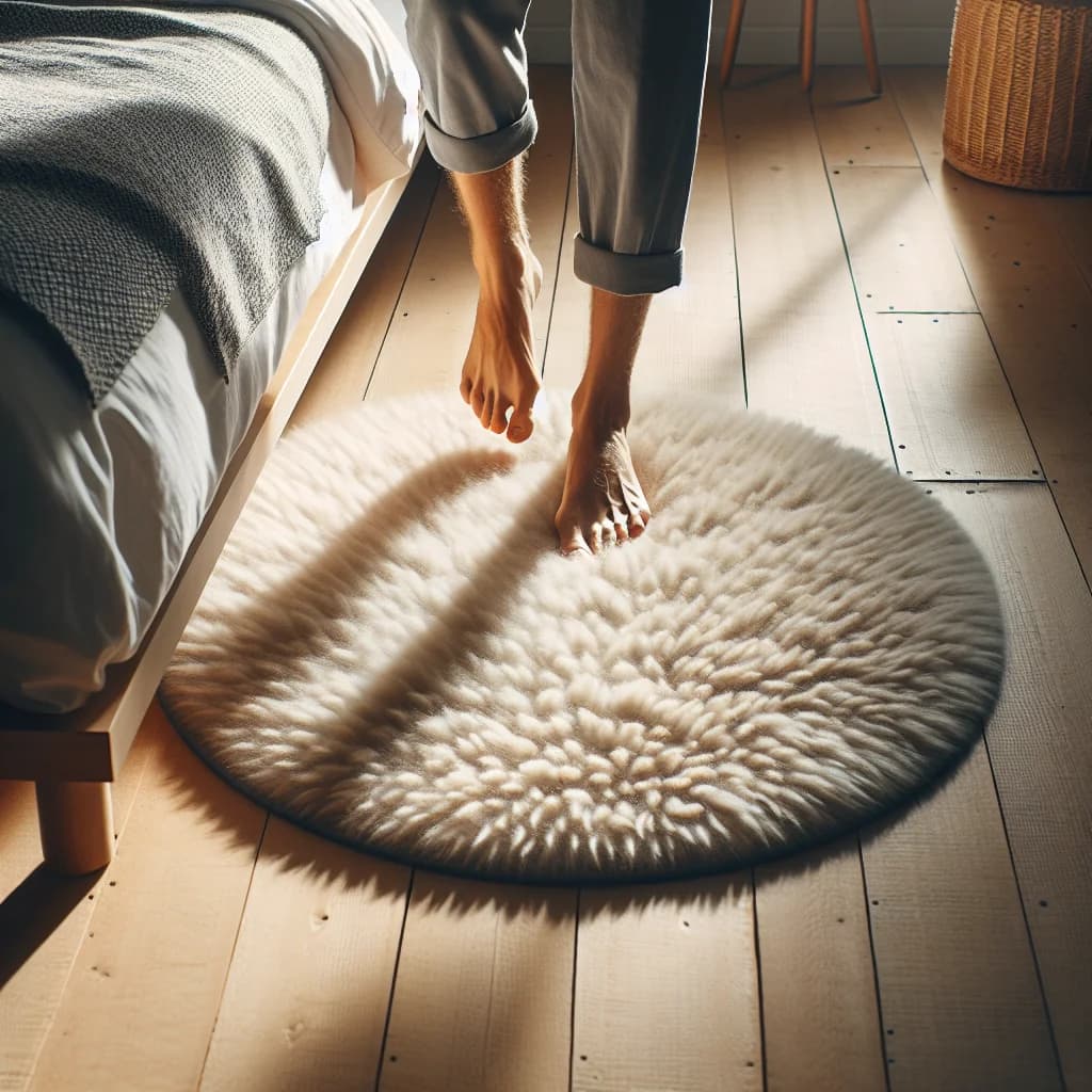 Bara fötter kliver ur sängen på mjuk rund matta vid sängkanten i sovrum