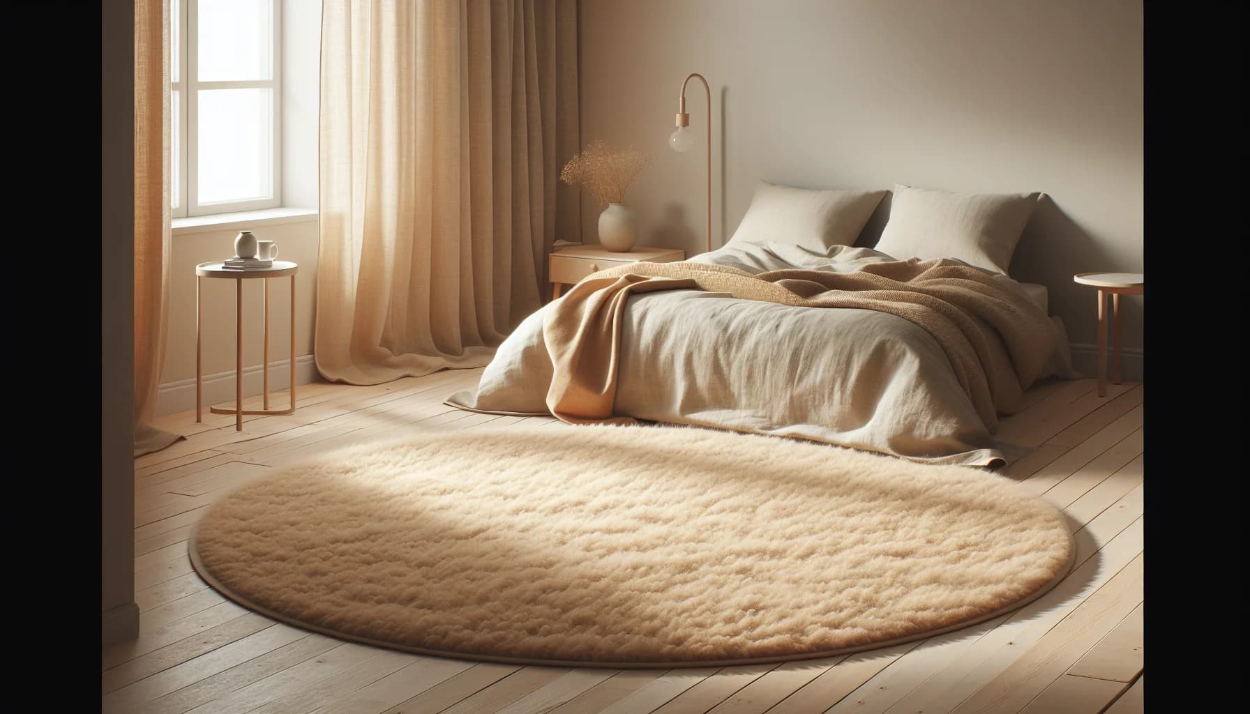 Rund matta i sovrum vid sängkanten