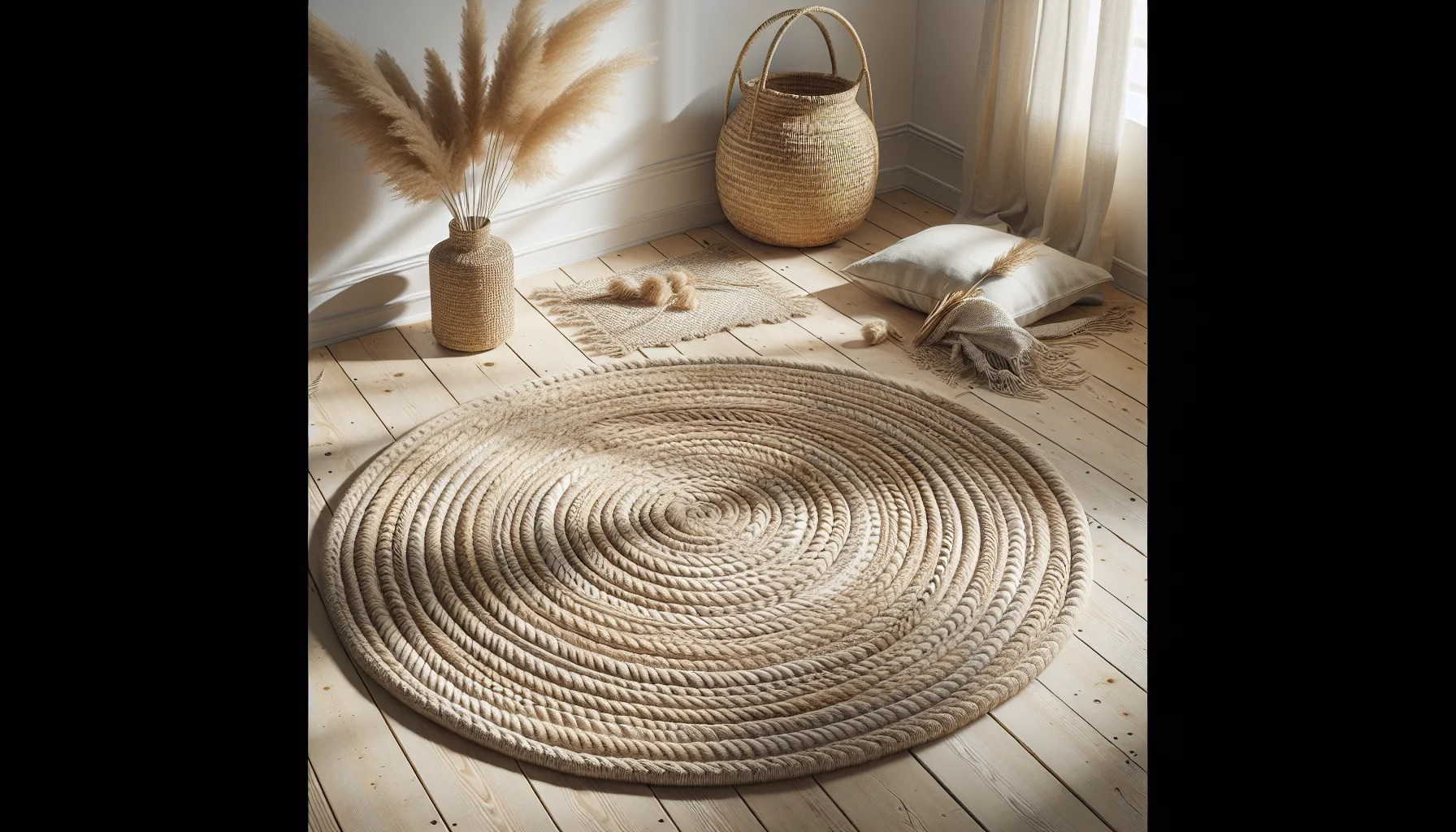 Rund jutematta med naturlig flätad textur i bohemiskt skandinaviskt rum